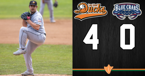 DUCKS SHUT OUT BLUE CRABS BEHIND NO-HITTER FROM STOCK